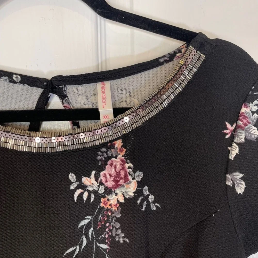 Xhilaration Black Floral Fit & Flare Dress Embellished Neckline Size XXL